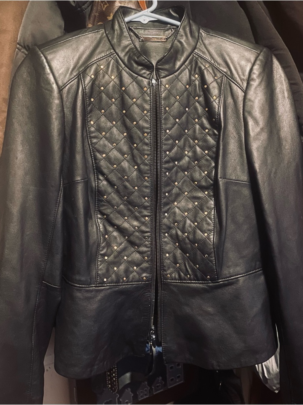 White House Black Market Black Quilted Faux-Leather Jacket with Gold Studs - Picture 6 of 6